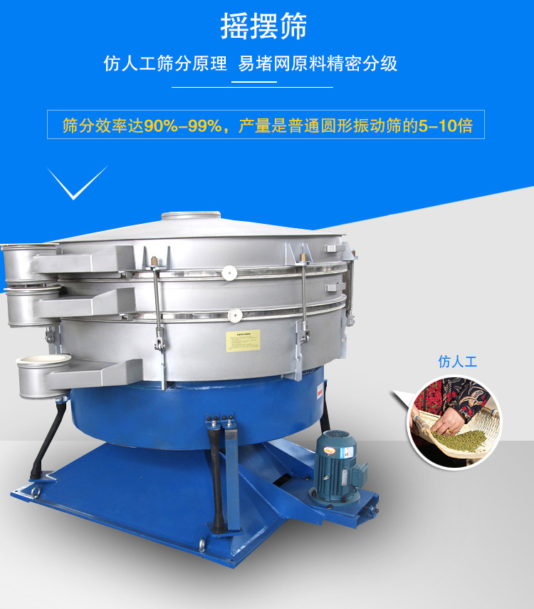 搖擺篩適合精細和超細范圍的粉末和微粒狀物料，產(chǎn)量大、精度高